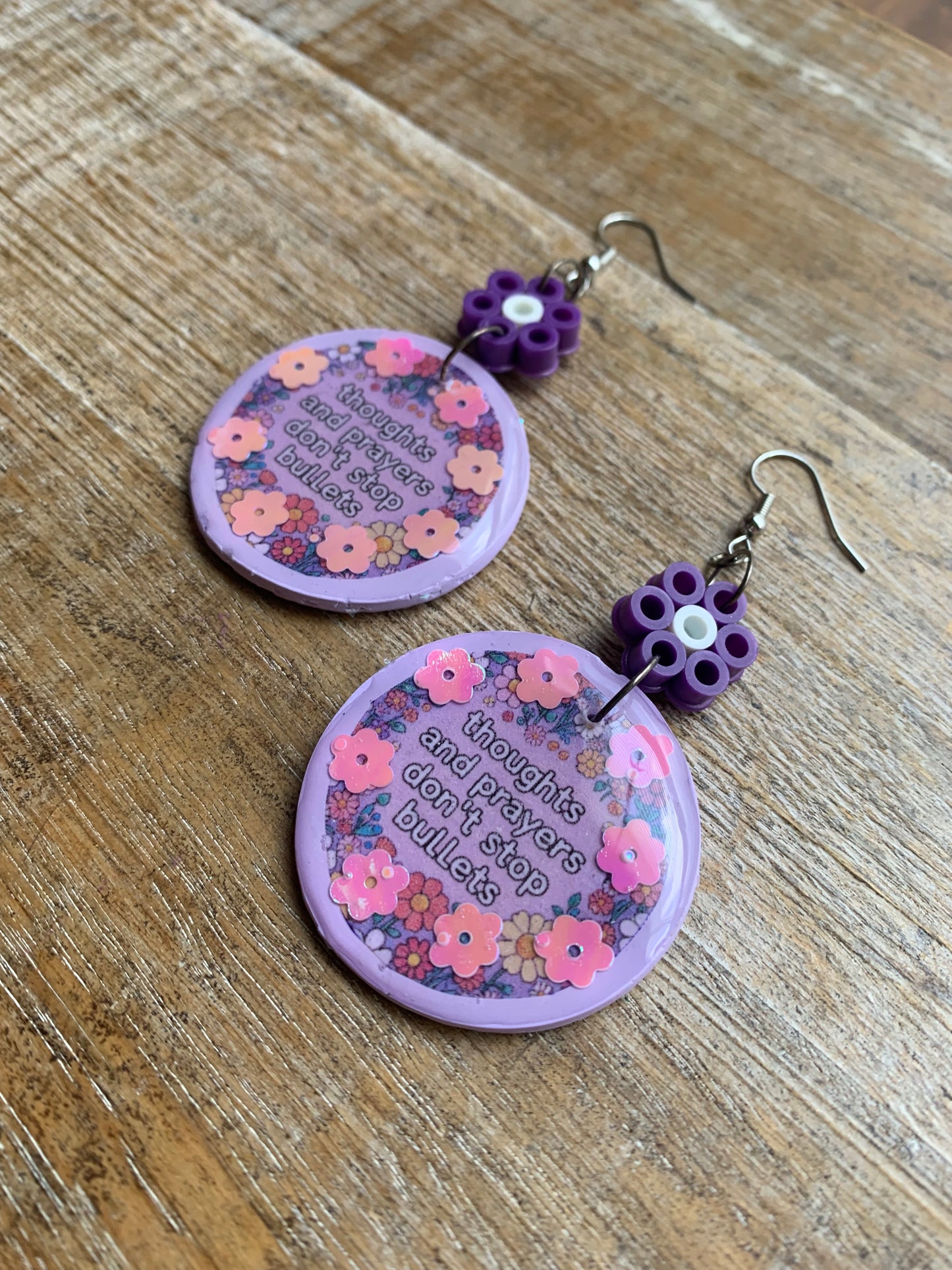 Thoughts & Prayers Don’t Stop Bullets Earrings Gun Control Liberal Democrat Polymer Clay Clip On Earrings Purple Daisy Tunnel Gauge Earrings