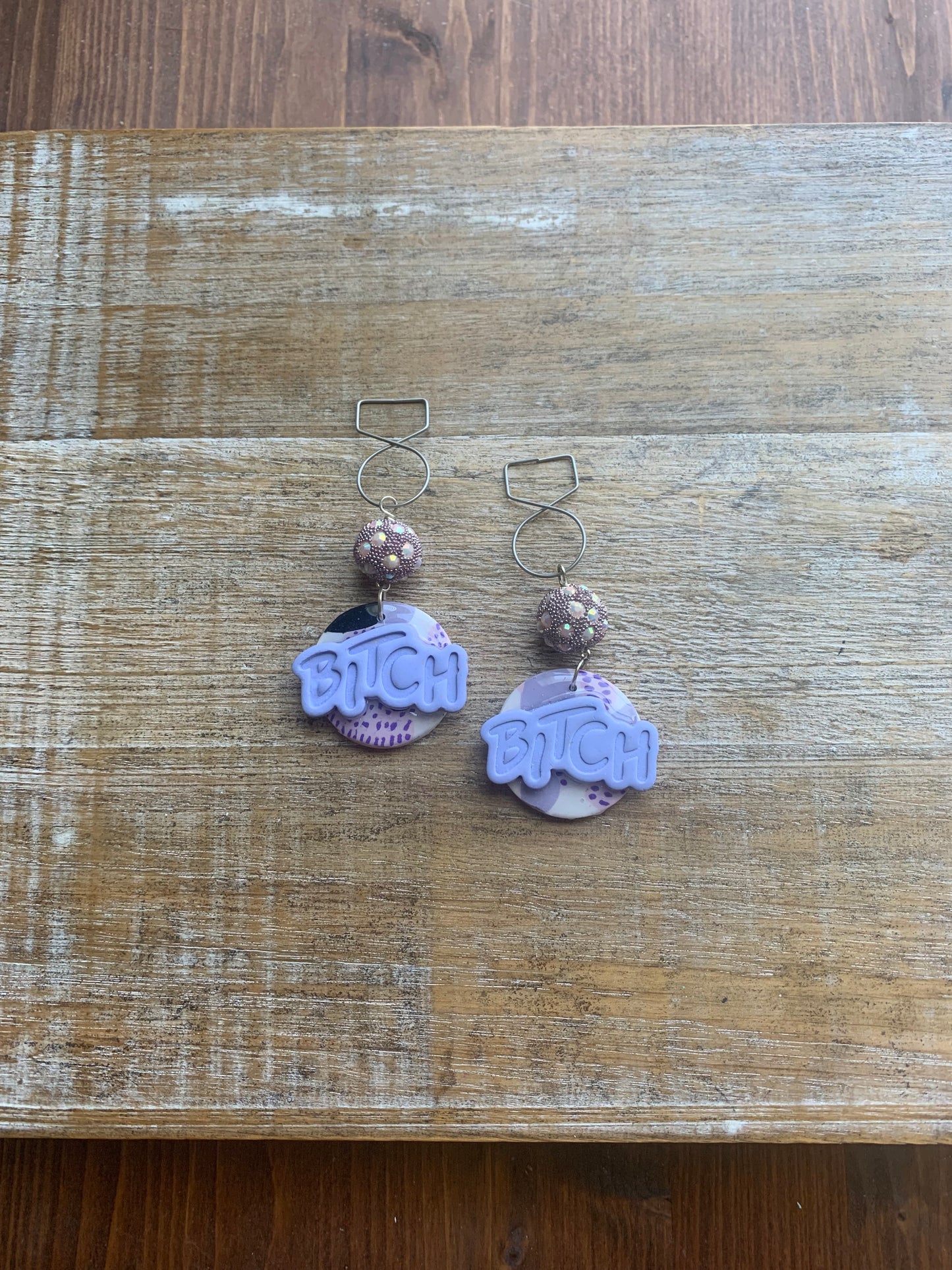 As-Is Bitch Clay Tunnel Gauge Earrings Purple Lavender Clip On Earrings Polymer Bitch Earrings