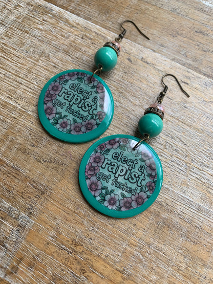 Anti Trump Earrings Art Deco Pink Floral Green Liberal Ear Hangers Elect a Rapist Get Fucked Democrat Clip On Earrings Tunnel Gauge Earrings