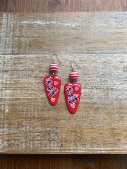 As-Is Tax the Church Red Polymer Clay Earrings Swear Word Clip On Earrings Ear Hangers