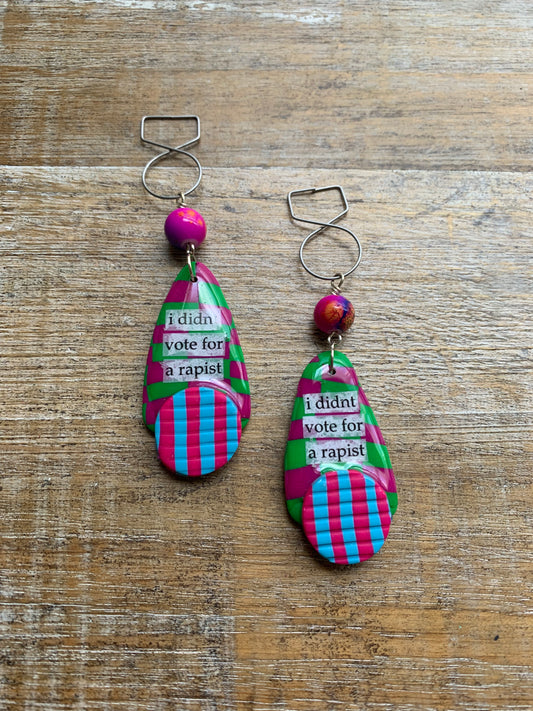 I Didn’t Vote for a Rapist Checkerboard Clay Tunnel Gauge Earrings Anti Trump Democrat Green Clip On Earrings Art Deco Checker Ear Hangers