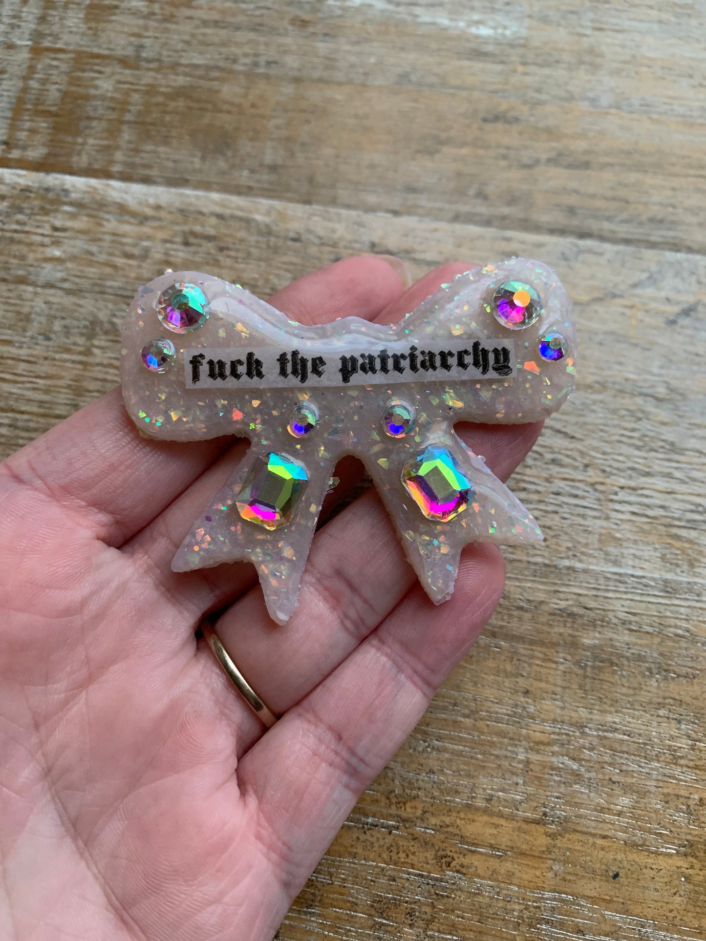 Fuck the Patriarchy Bow Opal Polymer Clay Hair Clip with Rhinestones