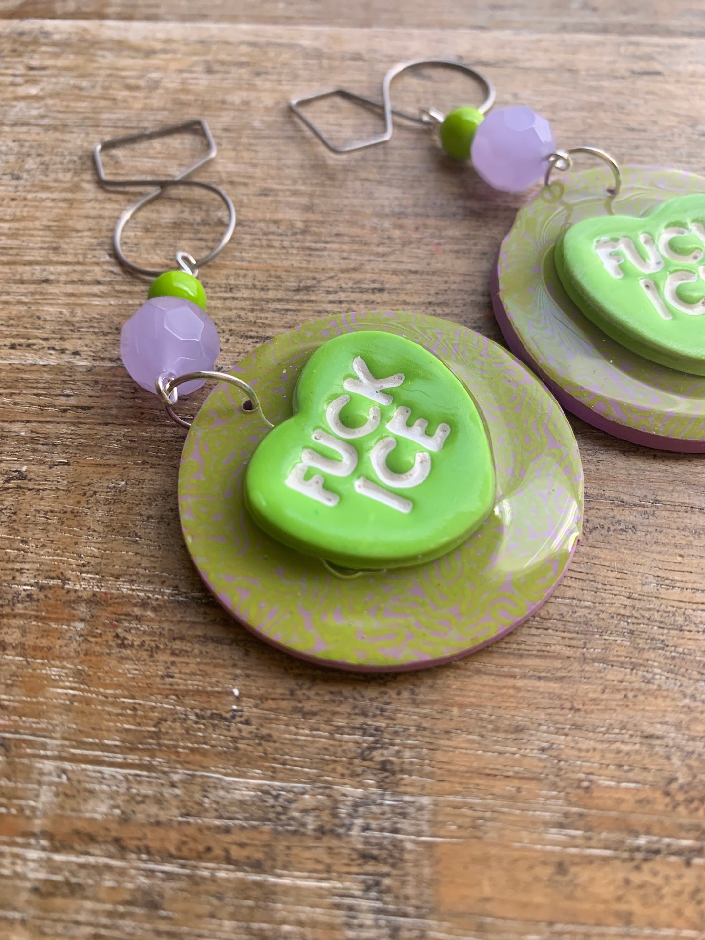 Fuck Ice Protest Activist Tunnel Gauge Earrings Liberal Clip On Earrings Purple & Lime Green