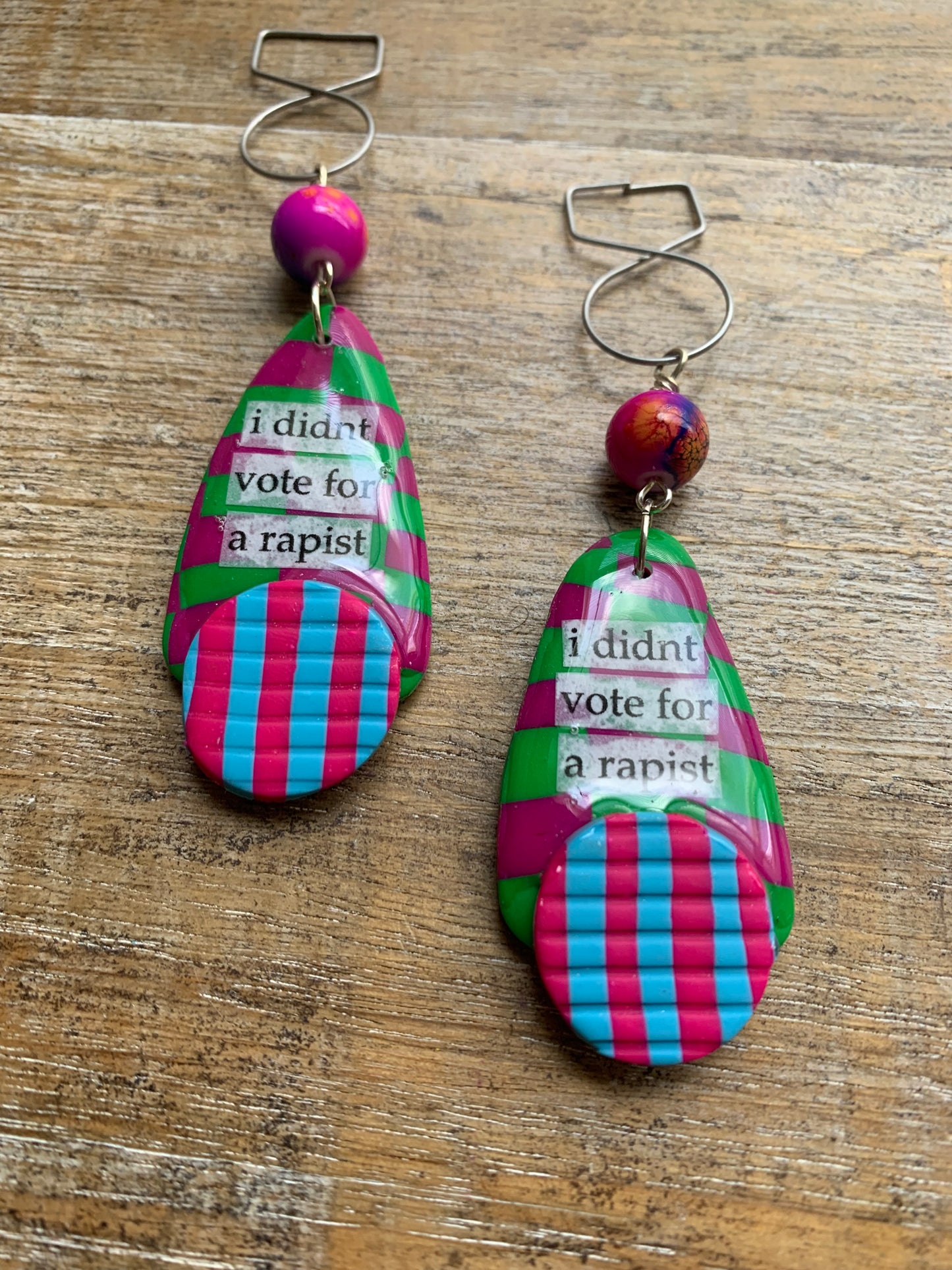 I Didn’t Vote for a Rapist Checkerboard Clay Tunnel Gauge Earrings Anti Trump Democrat Green Clip On Earrings Art Deco Checker Ear Hangers