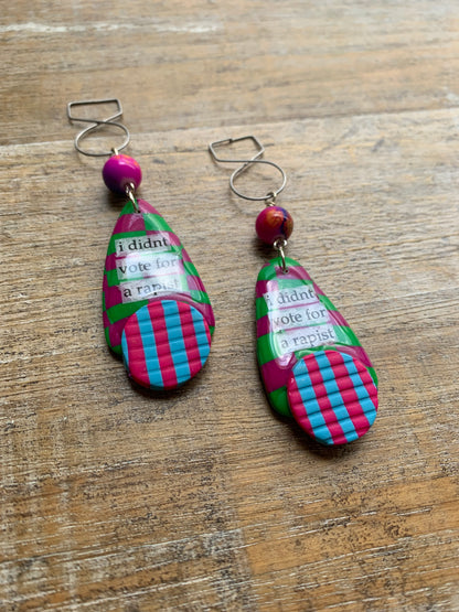 I Didn’t Vote for a Rapist Checkerboard Clay Tunnel Gauge Earrings Anti Trump Democrat Green Clip On Earrings Art Deco Checker Ear Hangers