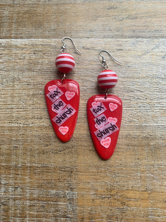 As-Is Tax the Church Red Polymer Clay Earrings Swear Word Clip On Earrings Ear Hangers
