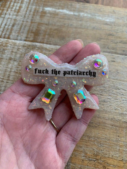 Fuck the Patriarchy Bow Opal Polymer Clay Hair Clip with Rhinestones