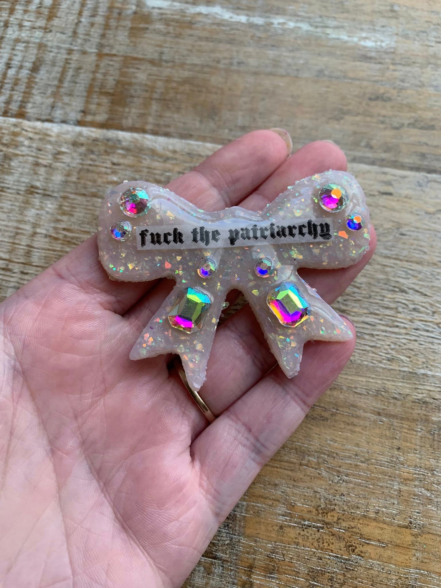 Fuck the Patriarchy Bow Opal Polymer Clay Hair Clip with Rhinestones