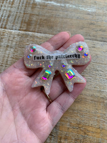 Fuck the Patriarchy Bow Opal Polymer Clay Hair Clip with Rhinestones