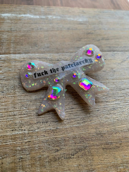 Fuck the Patriarchy Bow Opal Polymer Clay Hair Clip with Rhinestones