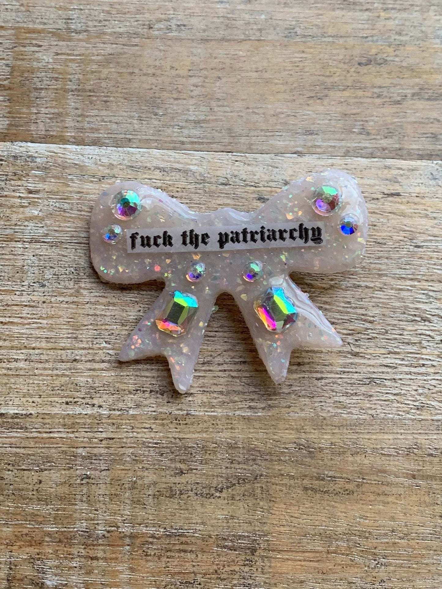 Fuck the Patriarchy Bow Opal Polymer Clay Hair Clip with Rhinestones