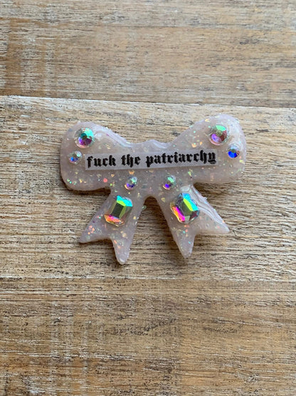 Fuck the Patriarchy Bow Opal Polymer Clay Hair Clip with Rhinestones