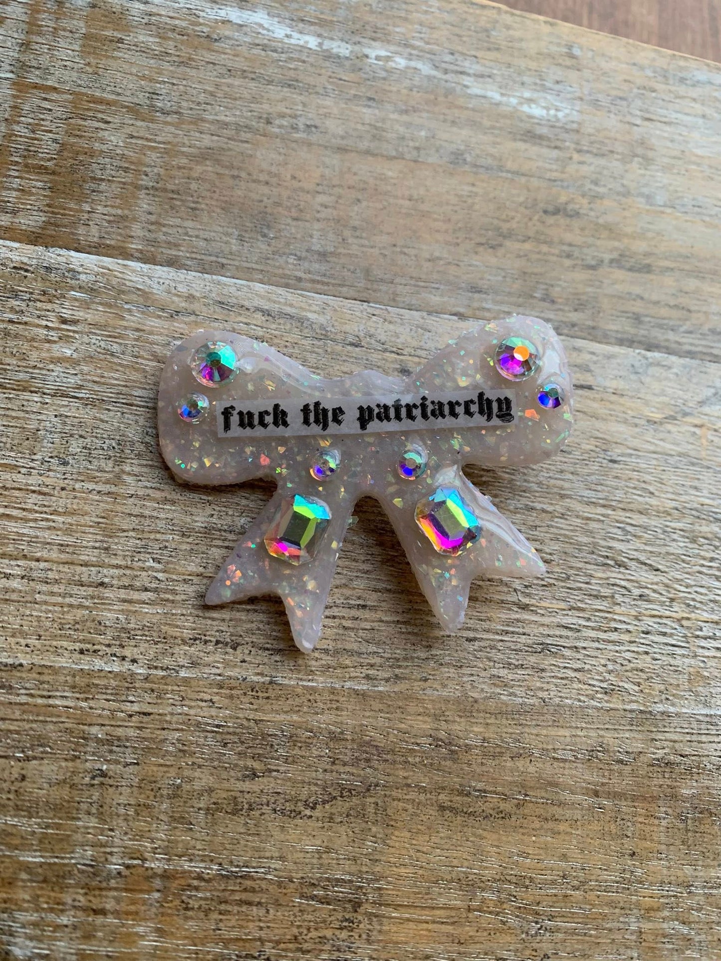 Fuck the Patriarchy Bow Opal Polymer Clay Hair Clip with Rhinestones