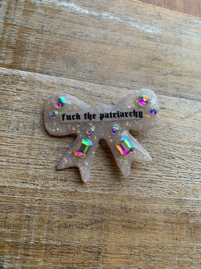 Fuck the Patriarchy Bow Opal Polymer Clay Hair Clip with Rhinestones