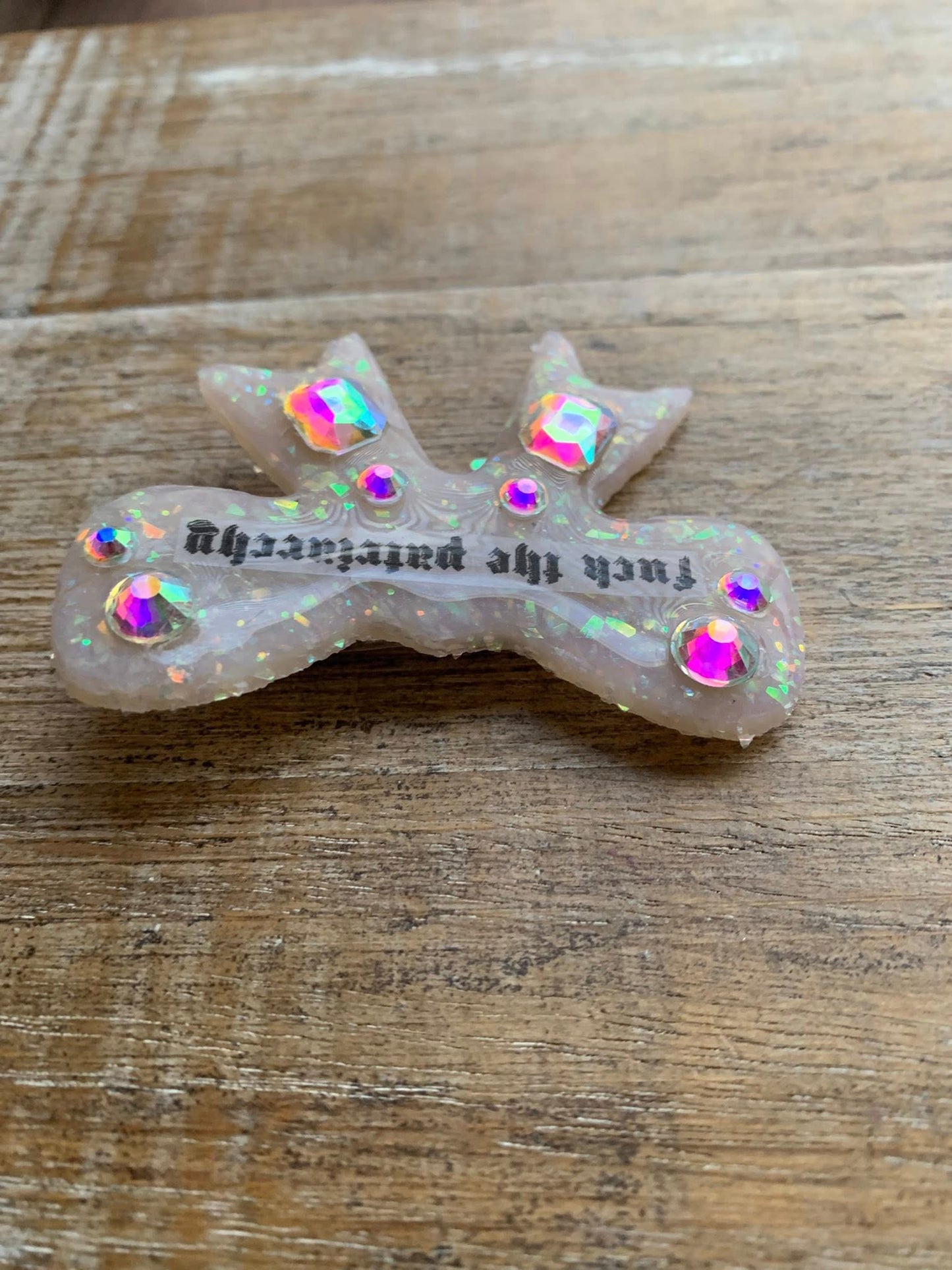 Fuck the Patriarchy Bow Opal Polymer Clay Hair Clip with Rhinestones