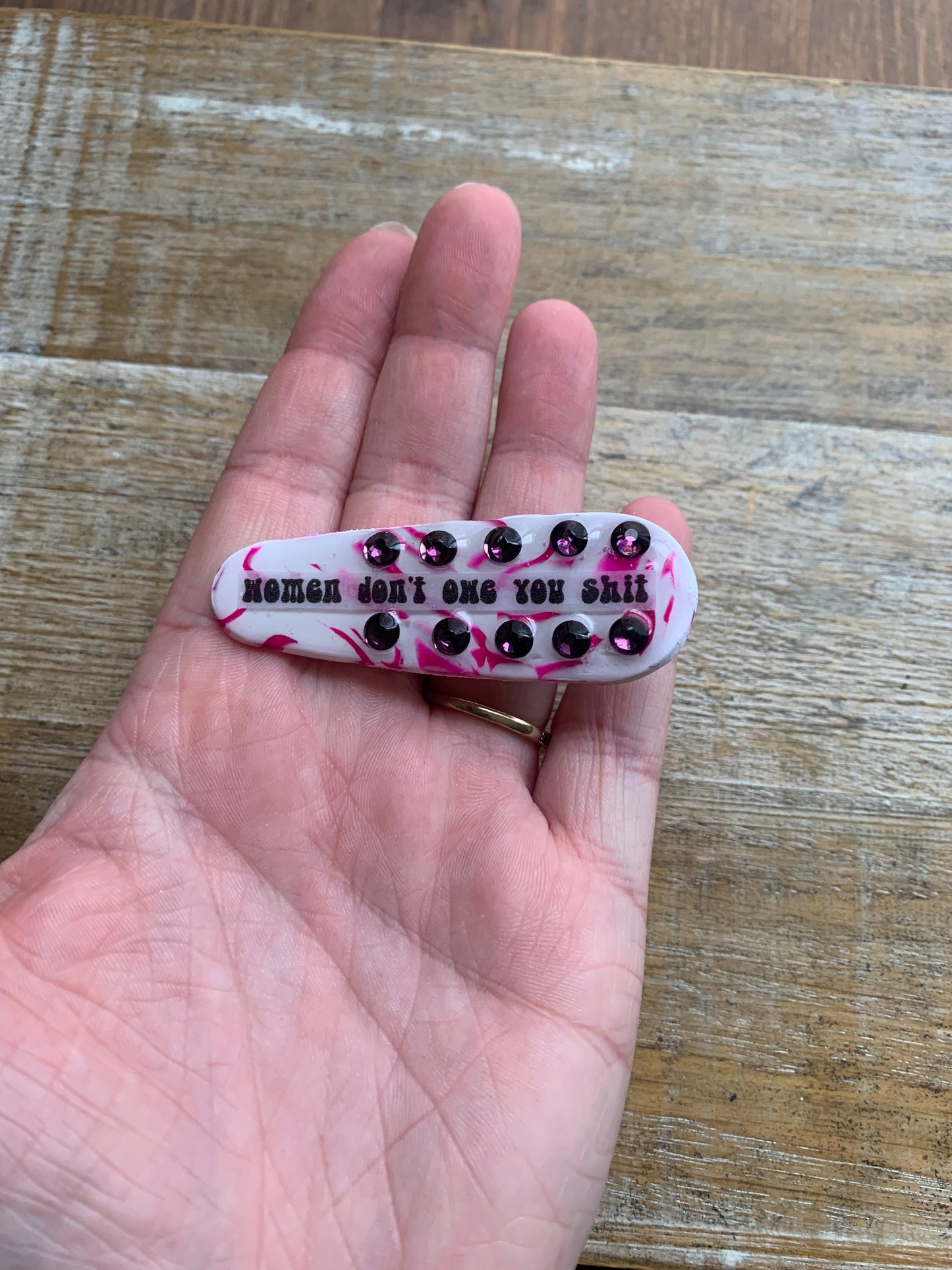 Women Don’t Owe You Shit Polymer Clay Hair Clip Rhinestone Feminist Hair Accessory