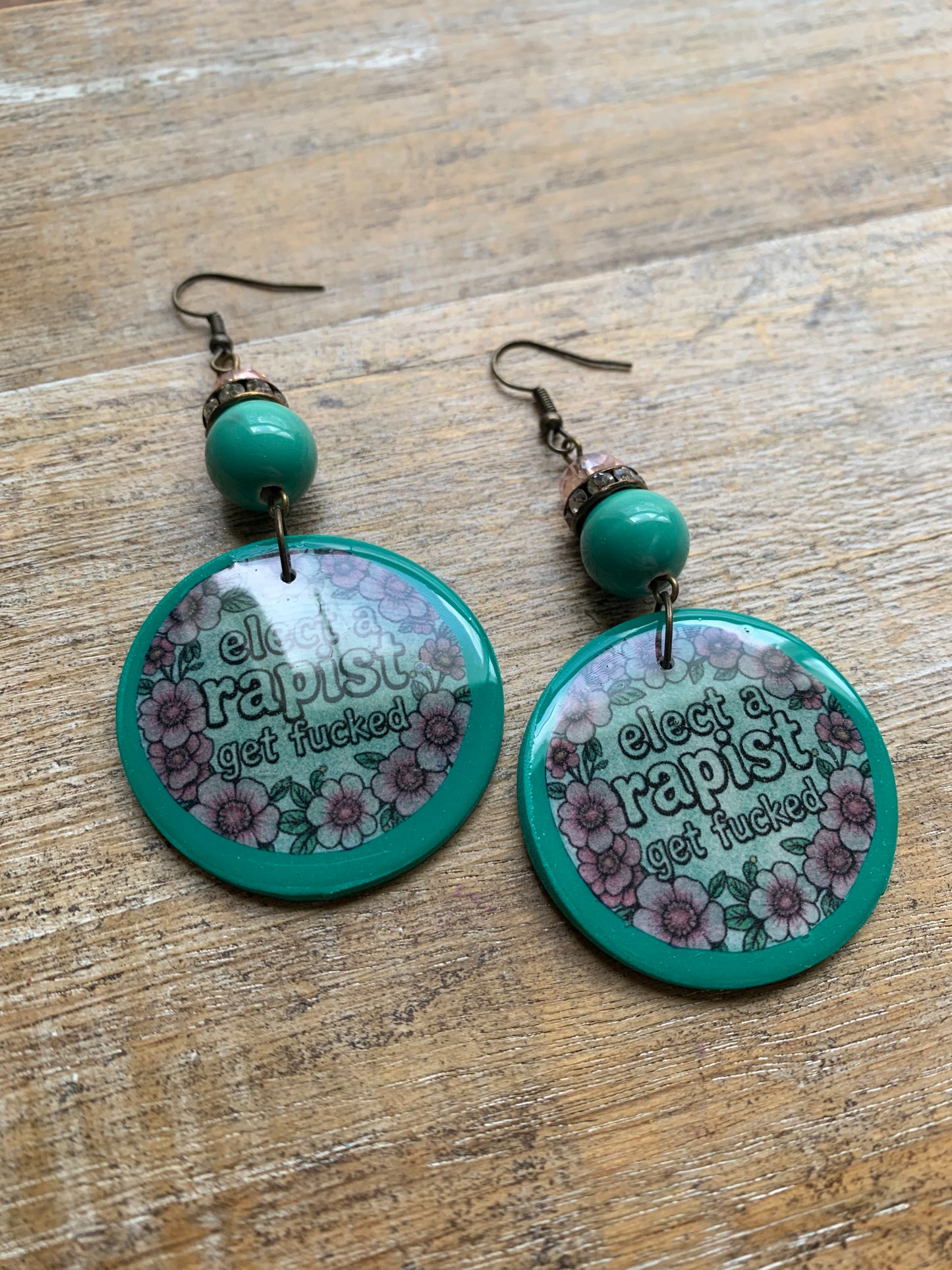 Anti Trump Earrings Art Deco Pink Floral Green Liberal Ear Hangers Elect a Rapist Get Fucked Democrat Clip On Earrings Tunnel Gauge Earrings