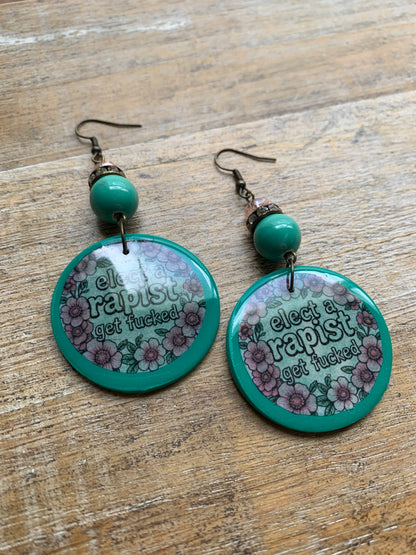 Anti Trump Earrings Art Deco Pink Floral Green Liberal Ear Hangers Elect a Rapist Get Fucked Democrat Clip On Earrings Tunnel Gauge Earrings