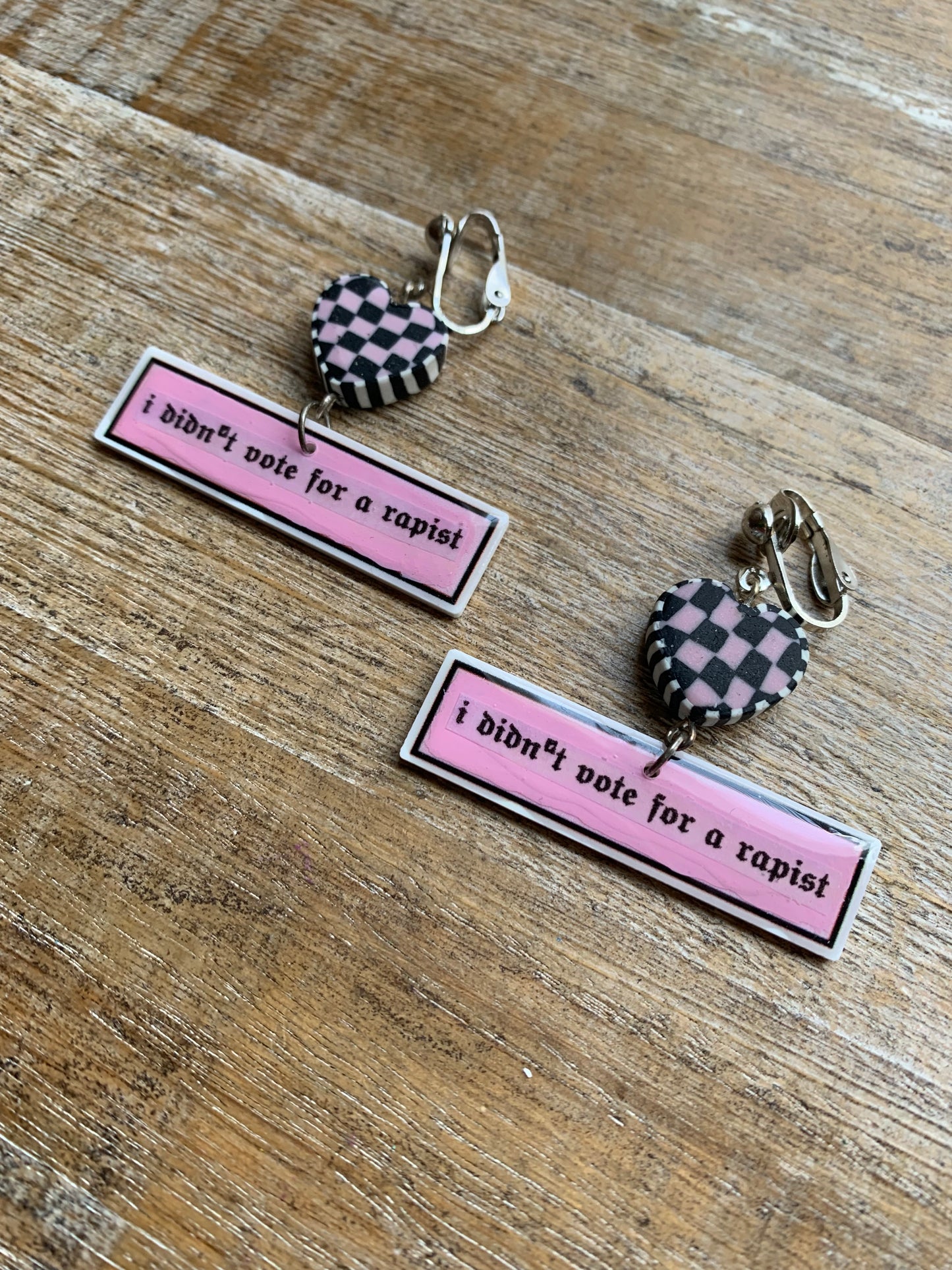 I Didn’t Vote for a Rapist Retro Clip On Earrings Art Deco Pink Checkered Liberal Ear Hangers Anti Trump Democrat Tunnel Gauge Earrings