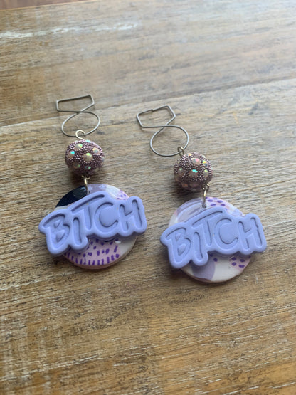 As-Is Bitch Clay Tunnel Gauge Earrings Purple Lavender Clip On Earrings Polymer Bitch Earrings