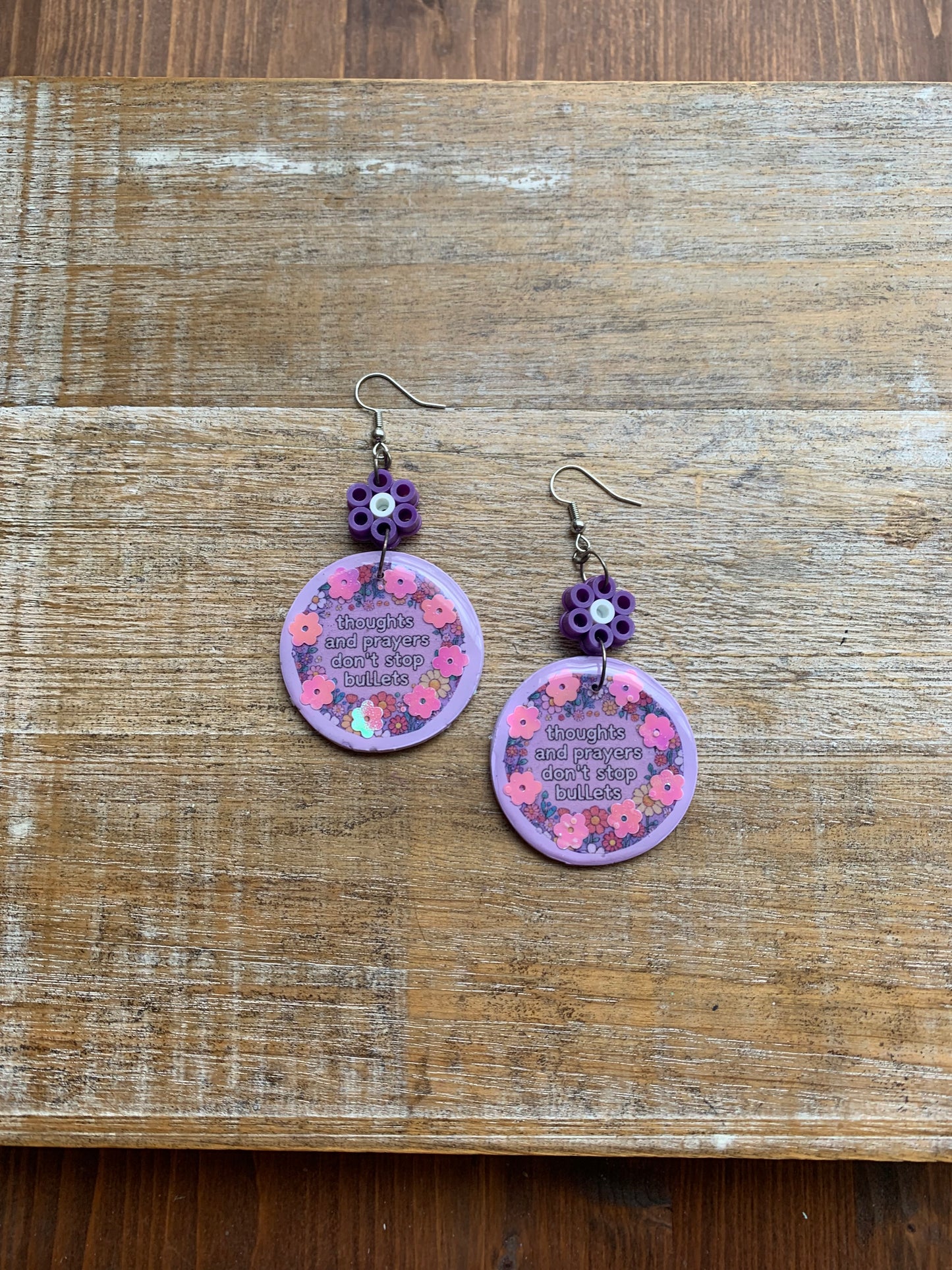 Thoughts & Prayers Don’t Stop Bullets Earrings Gun Control Liberal Democrat Polymer Clay Clip On Earrings Purple Daisy Tunnel Gauge Earrings