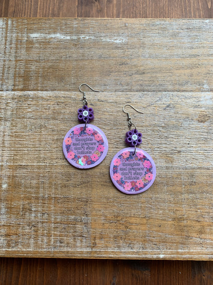 Thoughts & Prayers Don’t Stop Bullets Earrings Gun Control Liberal Democrat Polymer Clay Clip On Earrings Purple Daisy Tunnel Gauge Earrings