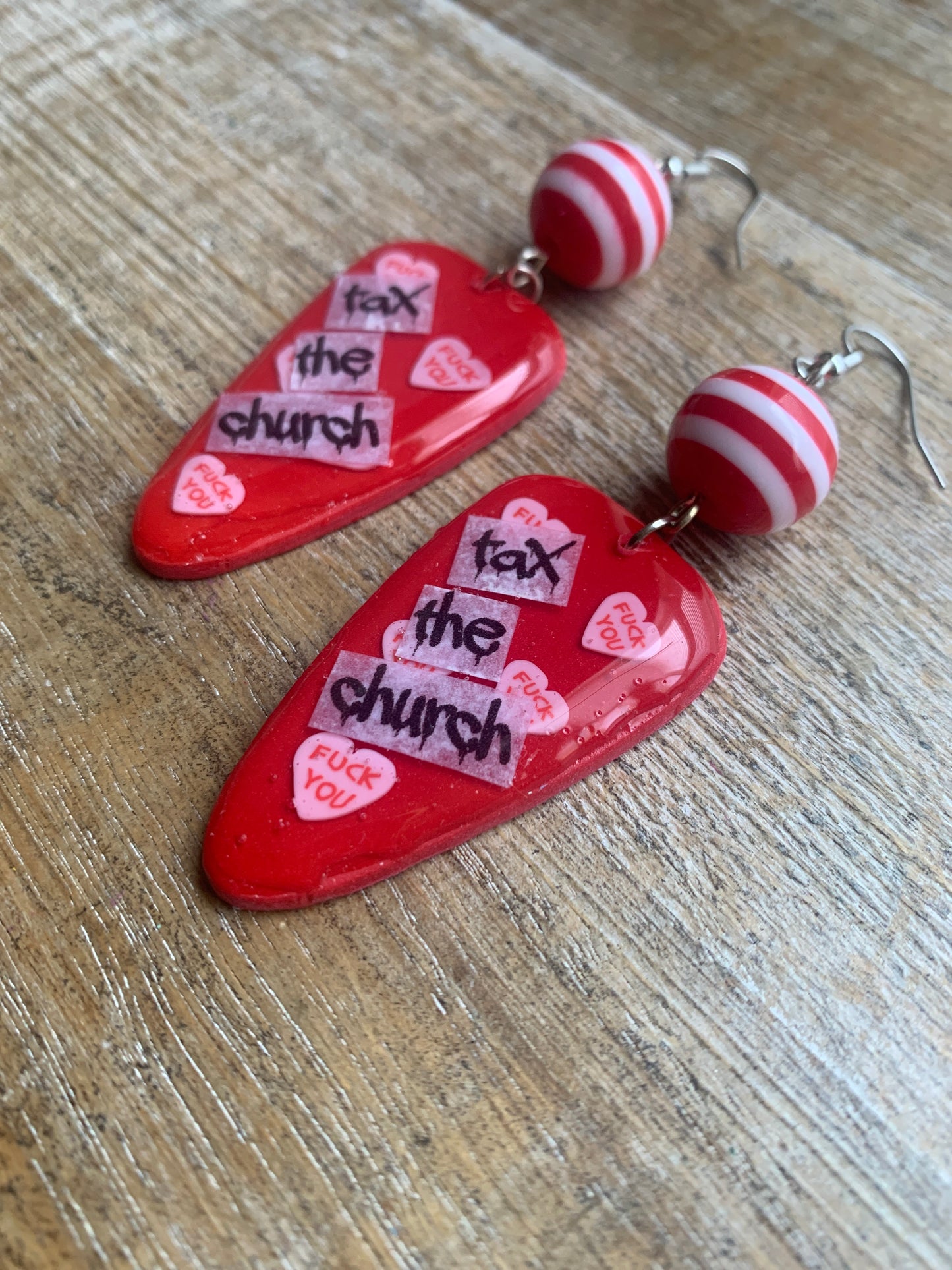 As-Is Tax the Church Red Polymer Clay Earrings Swear Word Clip On Earrings Ear Hangers