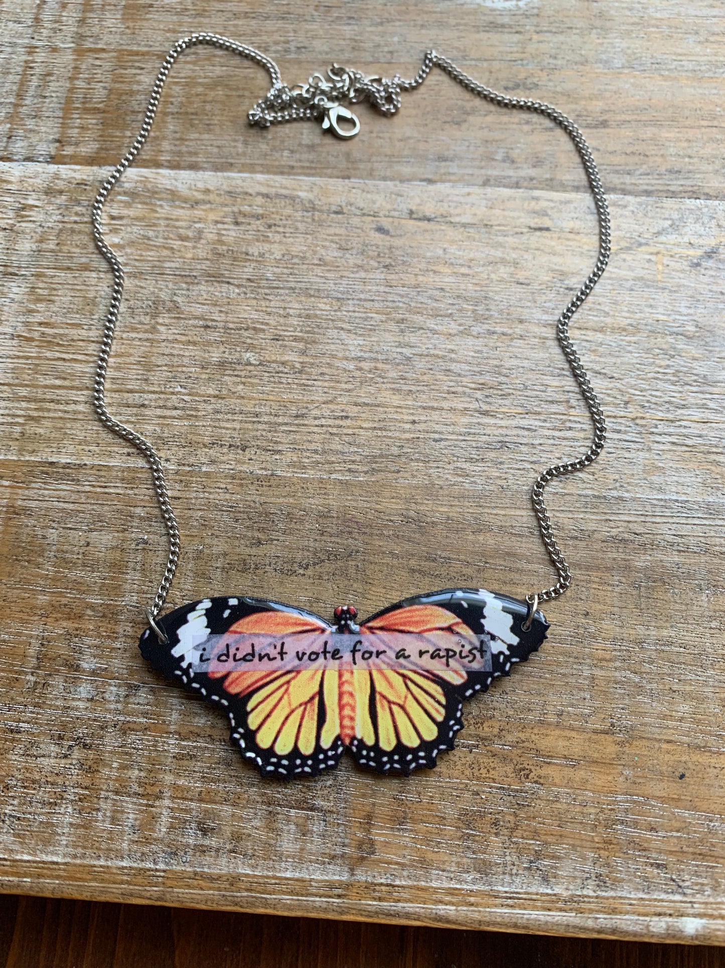 I Didn’t Vote for a Rapist Necklace Monarch Butterfly Gothic Racism Liberal Democrat Necklace Anti Trump Bronze Chain Anti Racism Necklace