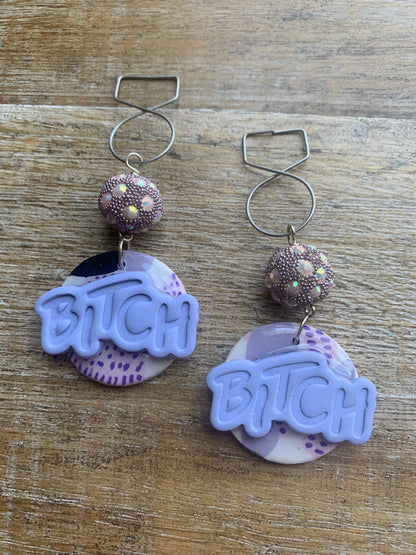 As-Is Bitch Clay Tunnel Gauge Earrings Purple Lavender Clip On Earrings Polymer Bitch Earrings
