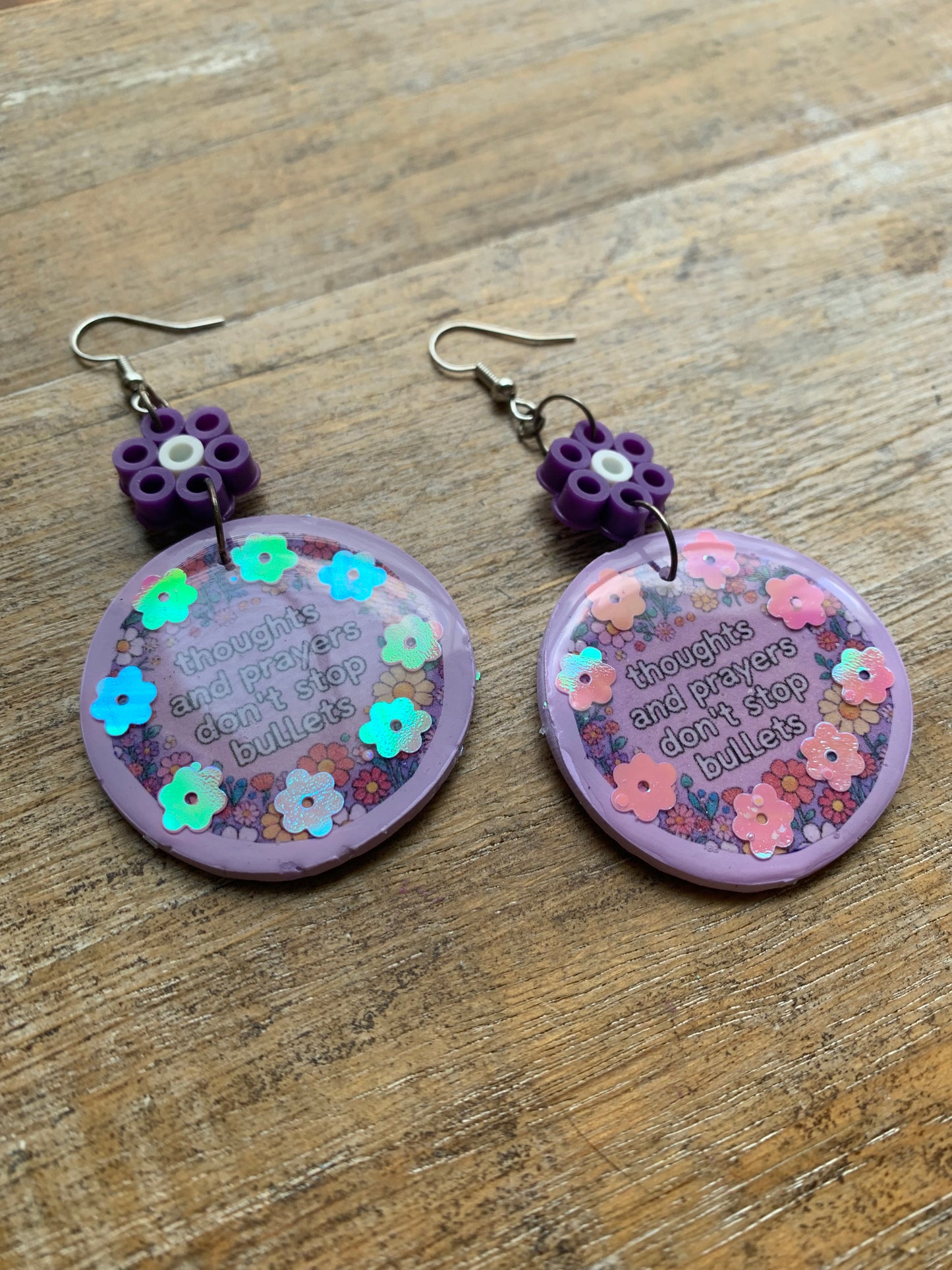 Thoughts & Prayers Don’t Stop Bullets Earrings Gun Control Liberal Democrat Polymer Clay Clip On Earrings Purple Daisy Tunnel Gauge Earrings