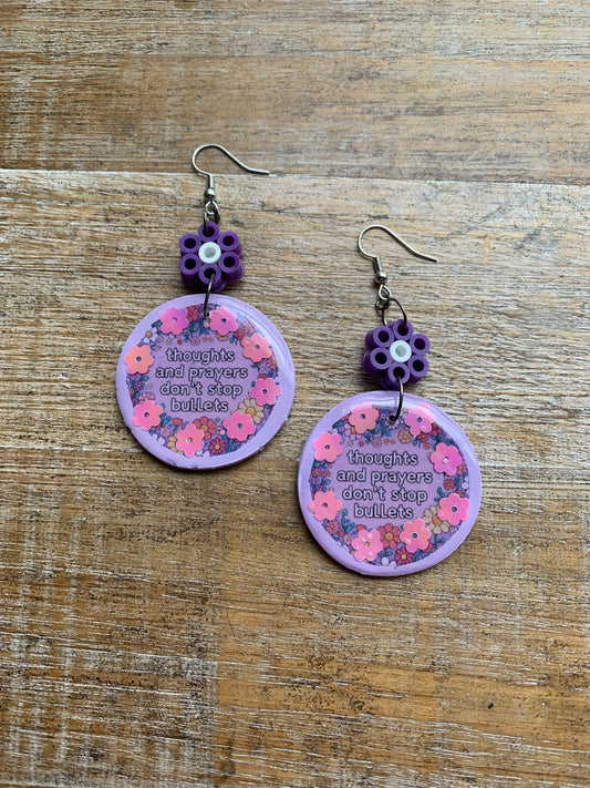 Thoughts & Prayers Don’t Stop Bullets Earrings Gun Control Liberal Democrat Polymer Clay Clip On Earrings Purple Daisy Tunnel Gauge Earrings