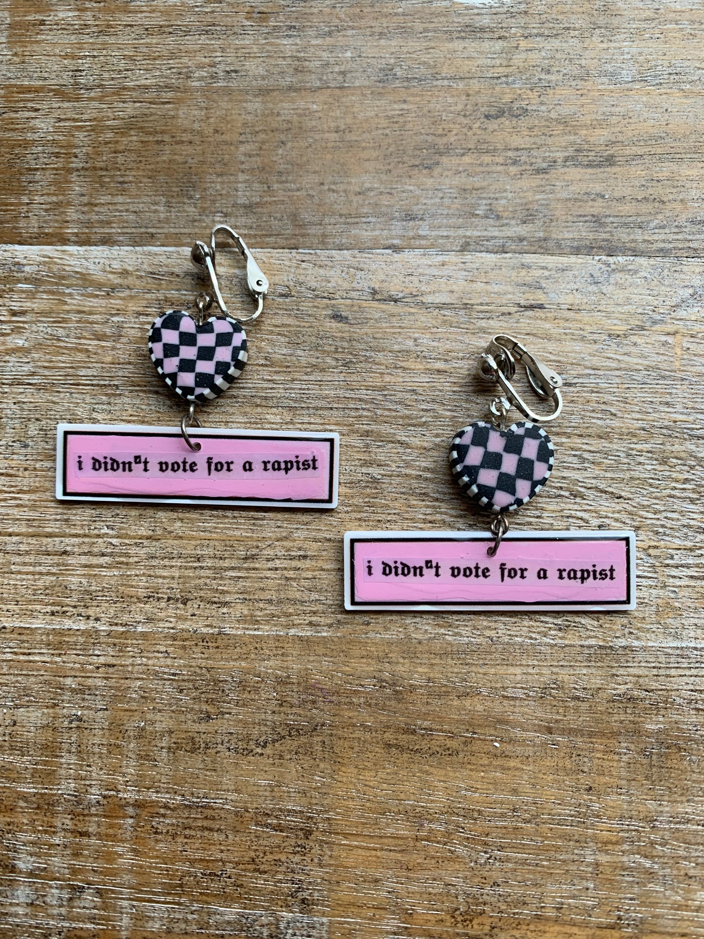 I Didn’t Vote for a Rapist Retro Clip On Earrings Art Deco Pink Checkered Liberal Ear Hangers Anti Trump Democrat Tunnel Gauge Earrings