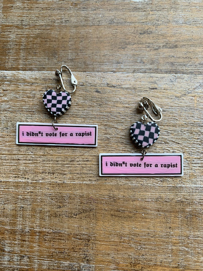 I Didn’t Vote for a Rapist Retro Clip On Earrings Art Deco Pink Checkered Liberal Ear Hangers Anti Trump Democrat Tunnel Gauge Earrings
