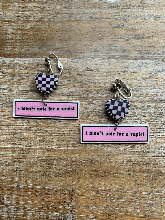 I Didn’t Vote for a Rapist Retro Clip On Earrings Art Deco Pink Checkered Liberal Ear Hangers Anti Trump Democrat Tunnel Gauge Earrings
