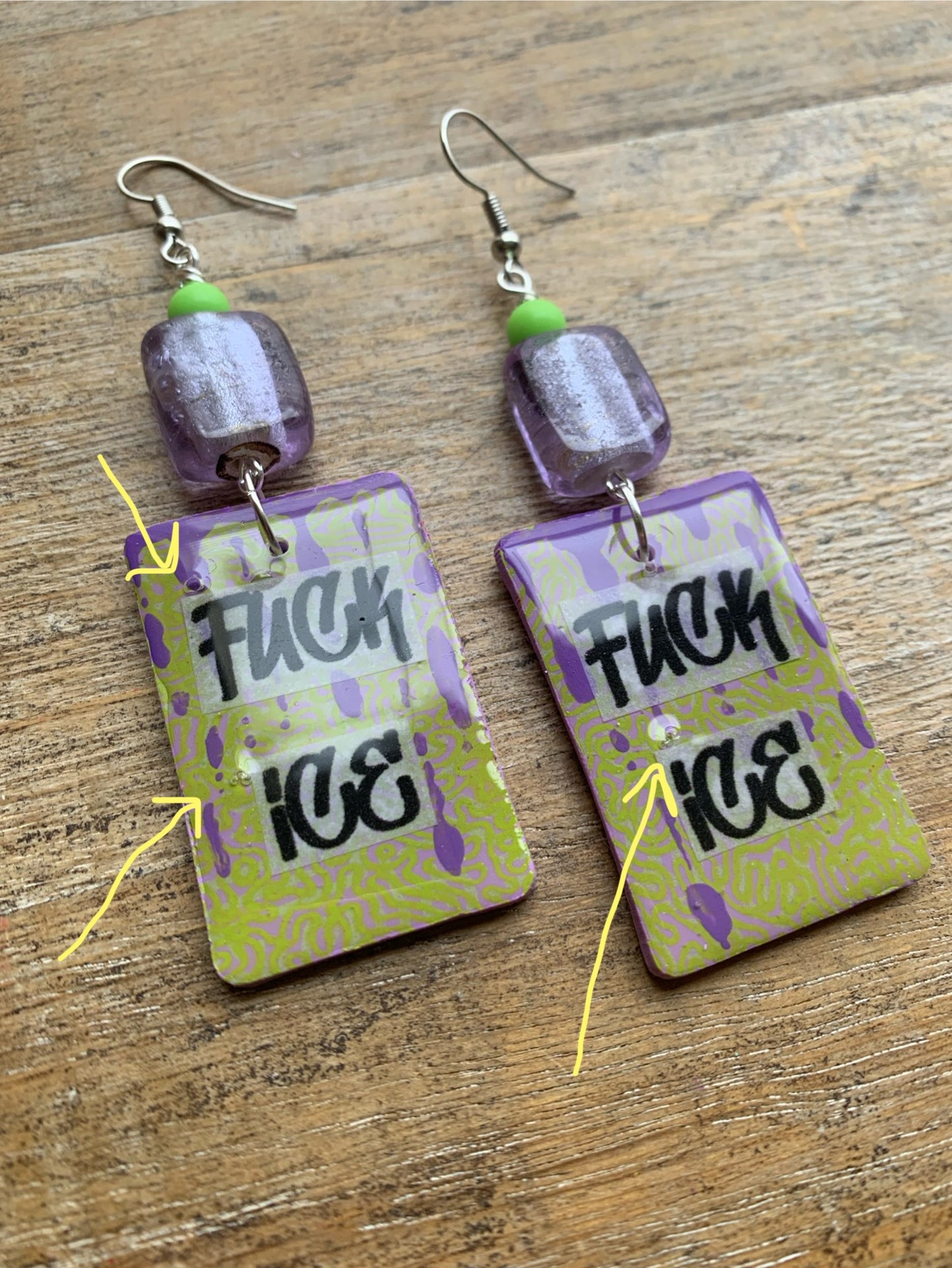As-Is Fuck Ice Protest Activist Earrings Liberal Clip On Earrings Purple & Lime Green Gothic Ear Hangers