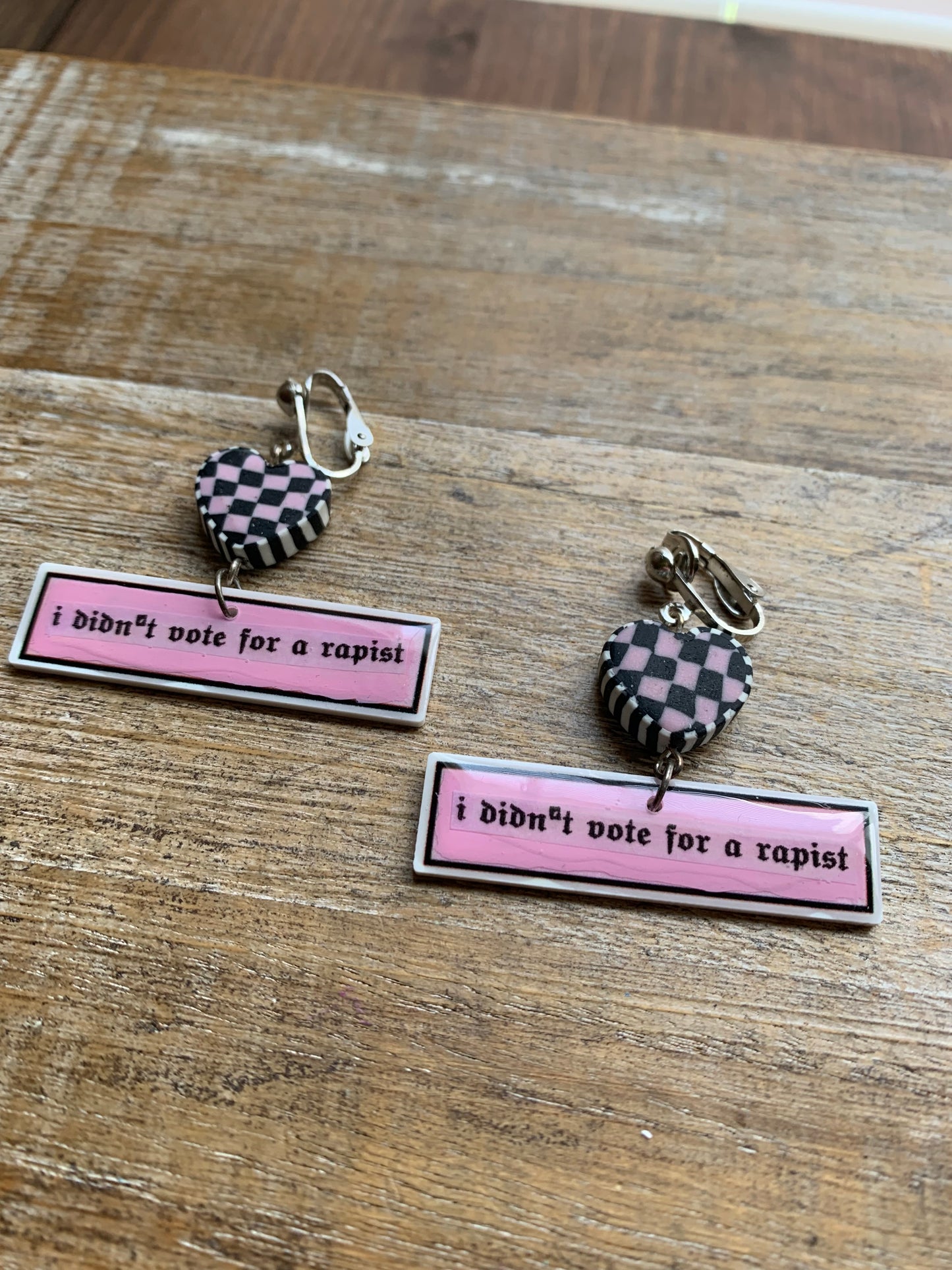 I Didn’t Vote for a Rapist Retro Clip On Earrings Art Deco Pink Checkered Liberal Ear Hangers Anti Trump Democrat Tunnel Gauge Earrings