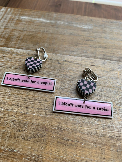 I Didn’t Vote for a Rapist Retro Clip On Earrings Art Deco Pink Checkered Liberal Ear Hangers Anti Trump Democrat Tunnel Gauge Earrings