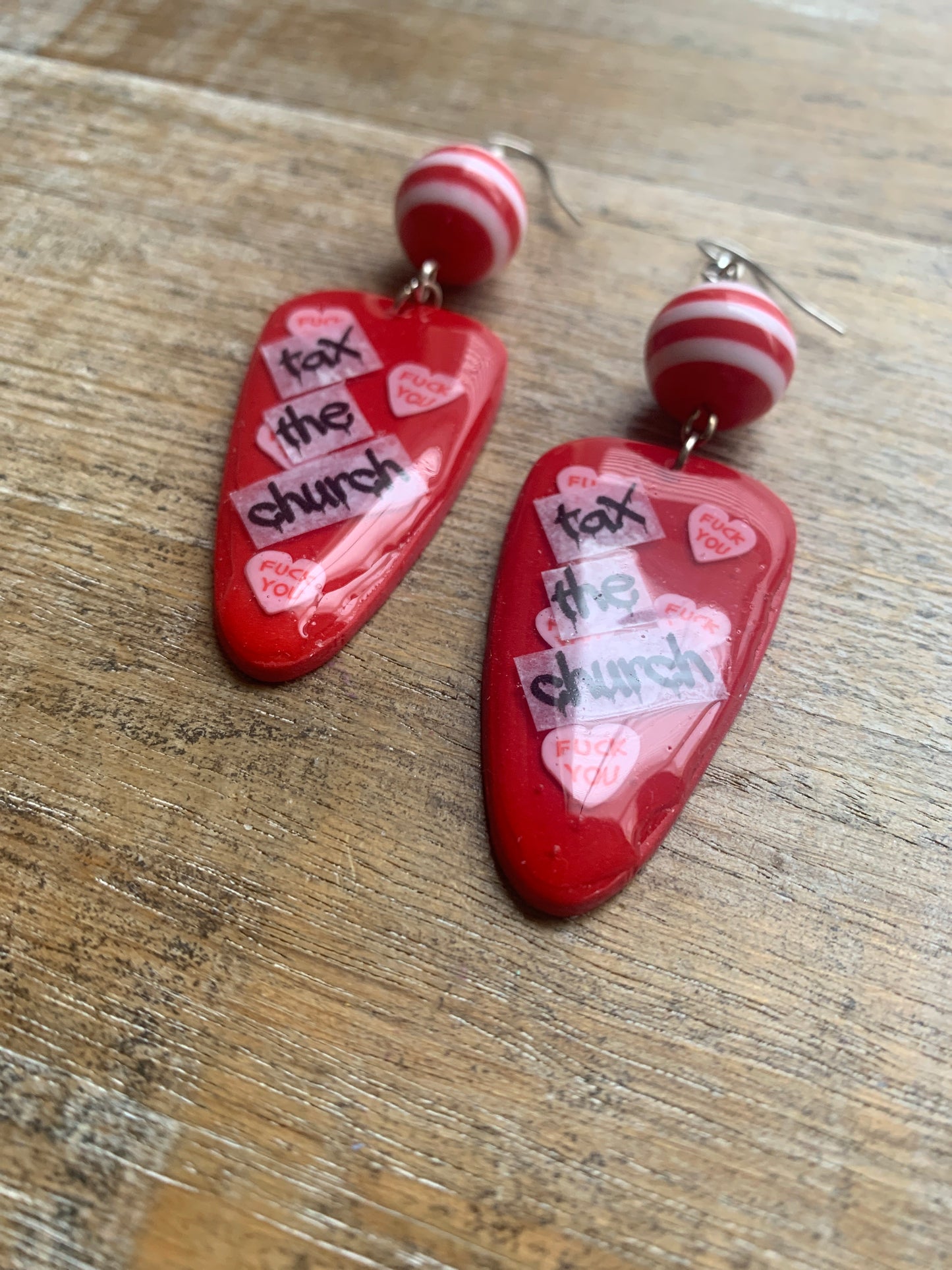 As-Is Tax the Church Red Polymer Clay Earrings Swear Word Clip On Earrings Ear Hangers