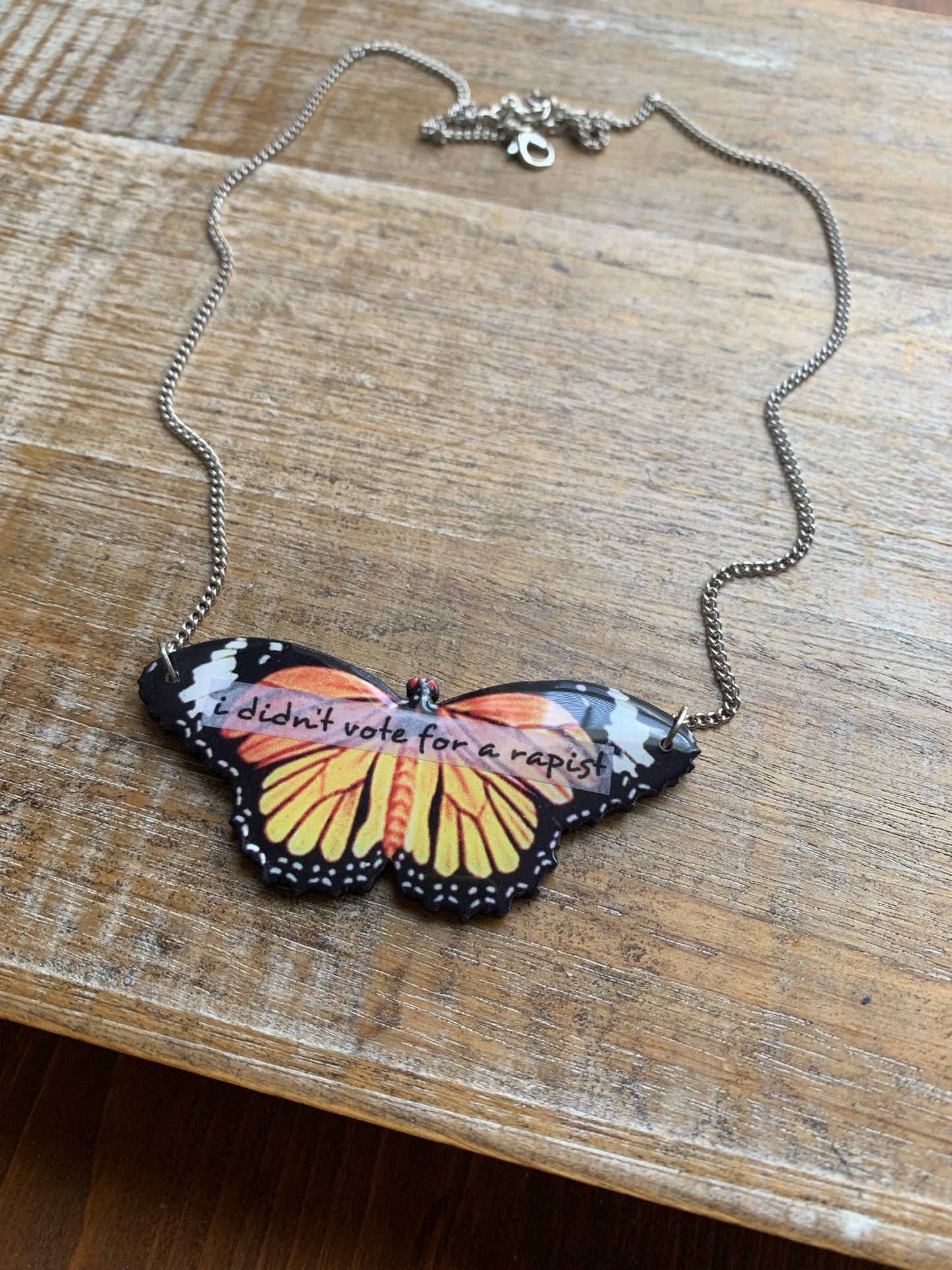 I Didn’t Vote for a Rapist Necklace Monarch Butterfly Gothic Racism Liberal Democrat Necklace Anti Trump Bronze Chain Anti Racism Necklace