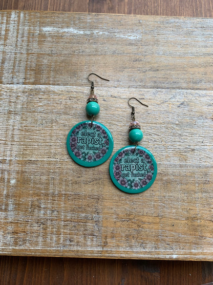 Anti Trump Earrings Art Deco Pink Floral Green Liberal Ear Hangers Elect a Rapist Get Fucked Democrat Clip On Earrings Tunnel Gauge Earrings