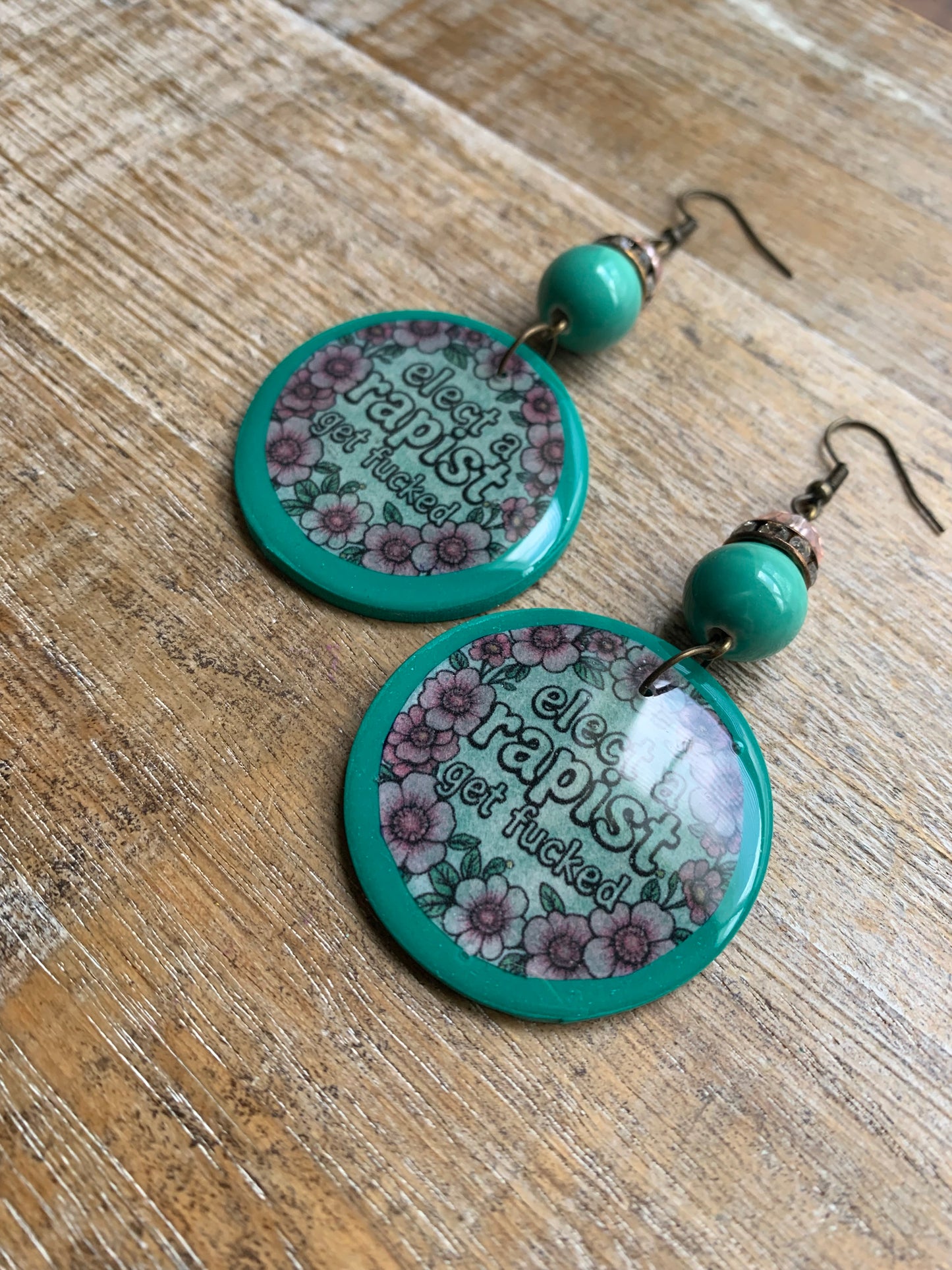 Anti Trump Earrings Art Deco Pink Floral Green Liberal Ear Hangers Elect a Rapist Get Fucked Democrat Clip On Earrings Tunnel Gauge Earrings