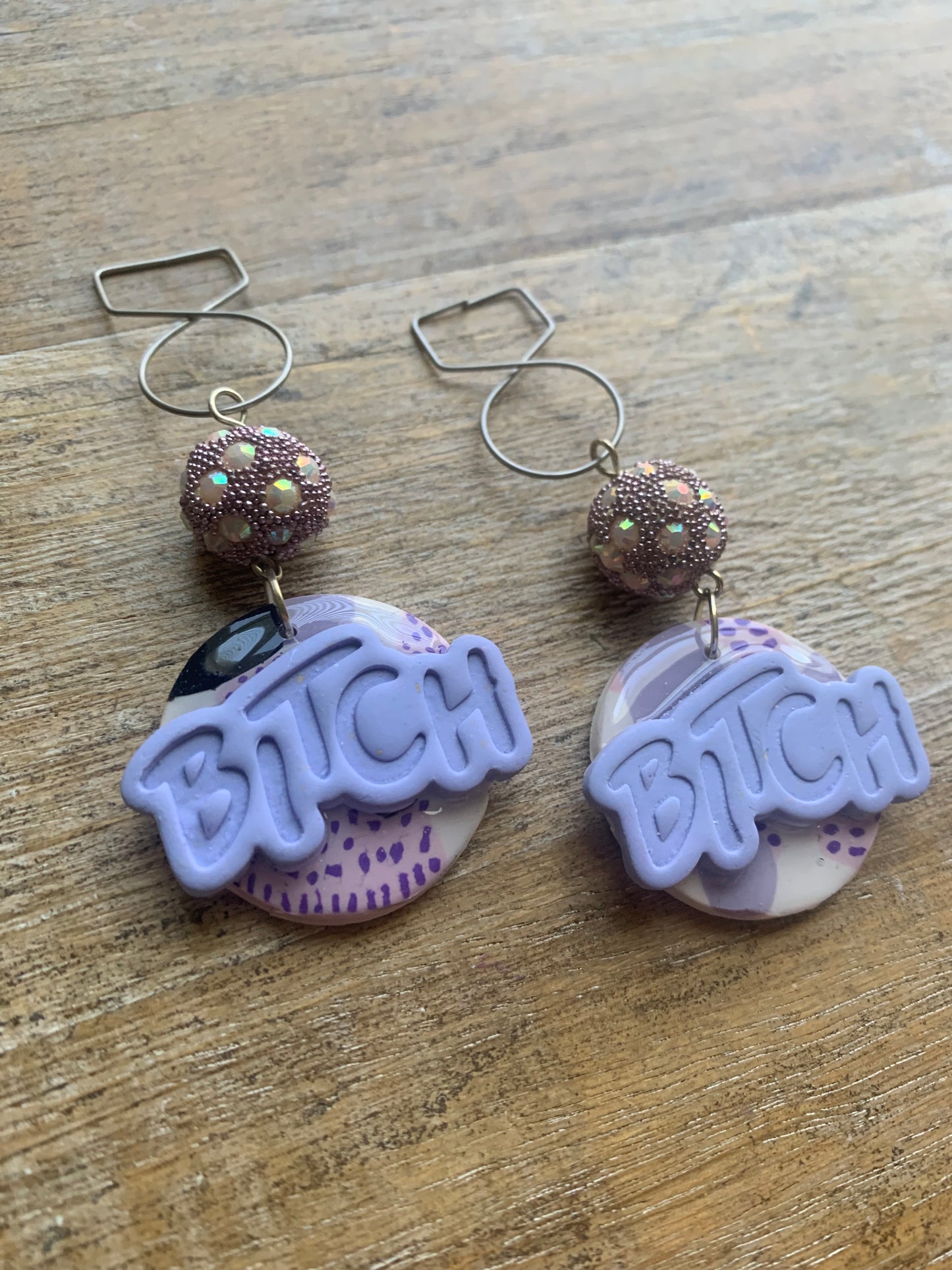 As-Is Bitch Clay Tunnel Gauge Earrings Purple Lavender Clip On Earrings Polymer Bitch Earrings