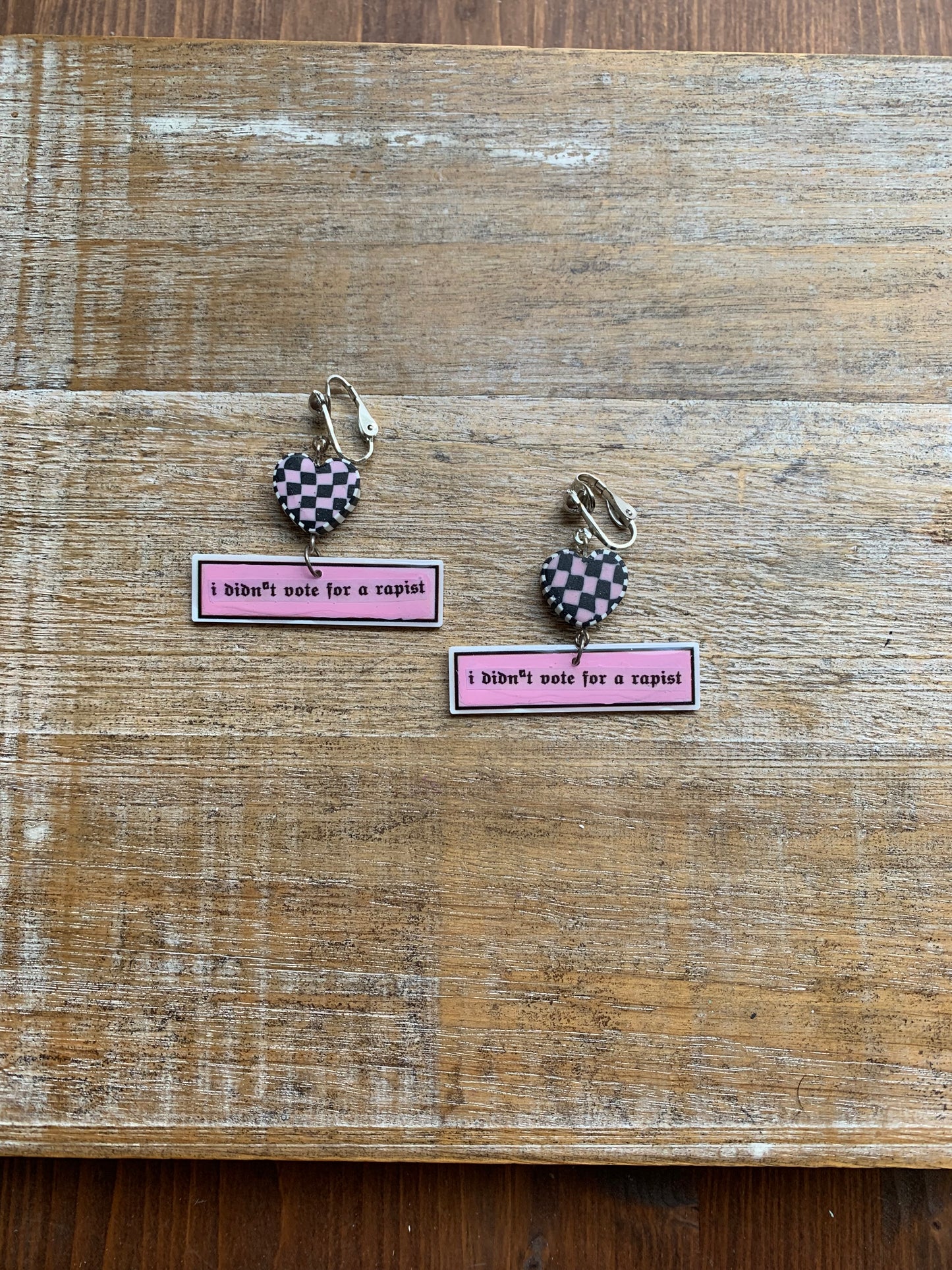 I Didn’t Vote for a Rapist Retro Clip On Earrings Art Deco Pink Checkered Liberal Ear Hangers Anti Trump Democrat Tunnel Gauge Earrings