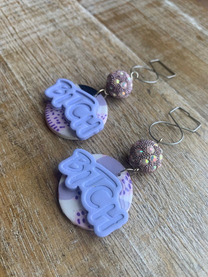 As-Is Bitch Clay Tunnel Gauge Earrings Purple Lavender Clip On Earrings Polymer Bitch Earrings