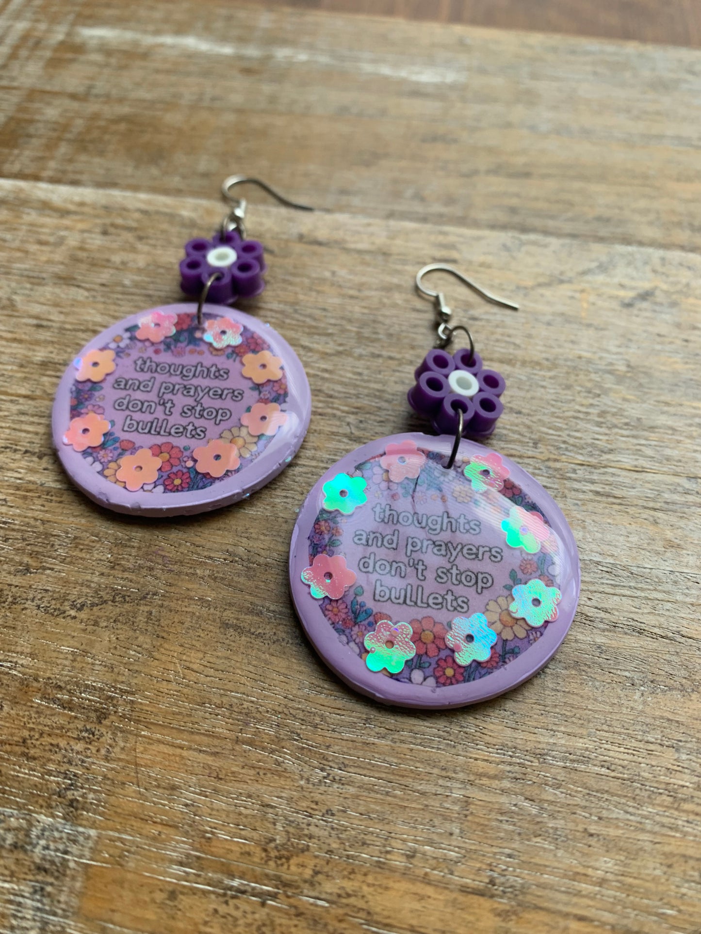 Thoughts & Prayers Don’t Stop Bullets Earrings Gun Control Liberal Democrat Polymer Clay Clip On Earrings Purple Daisy Tunnel Gauge Earrings