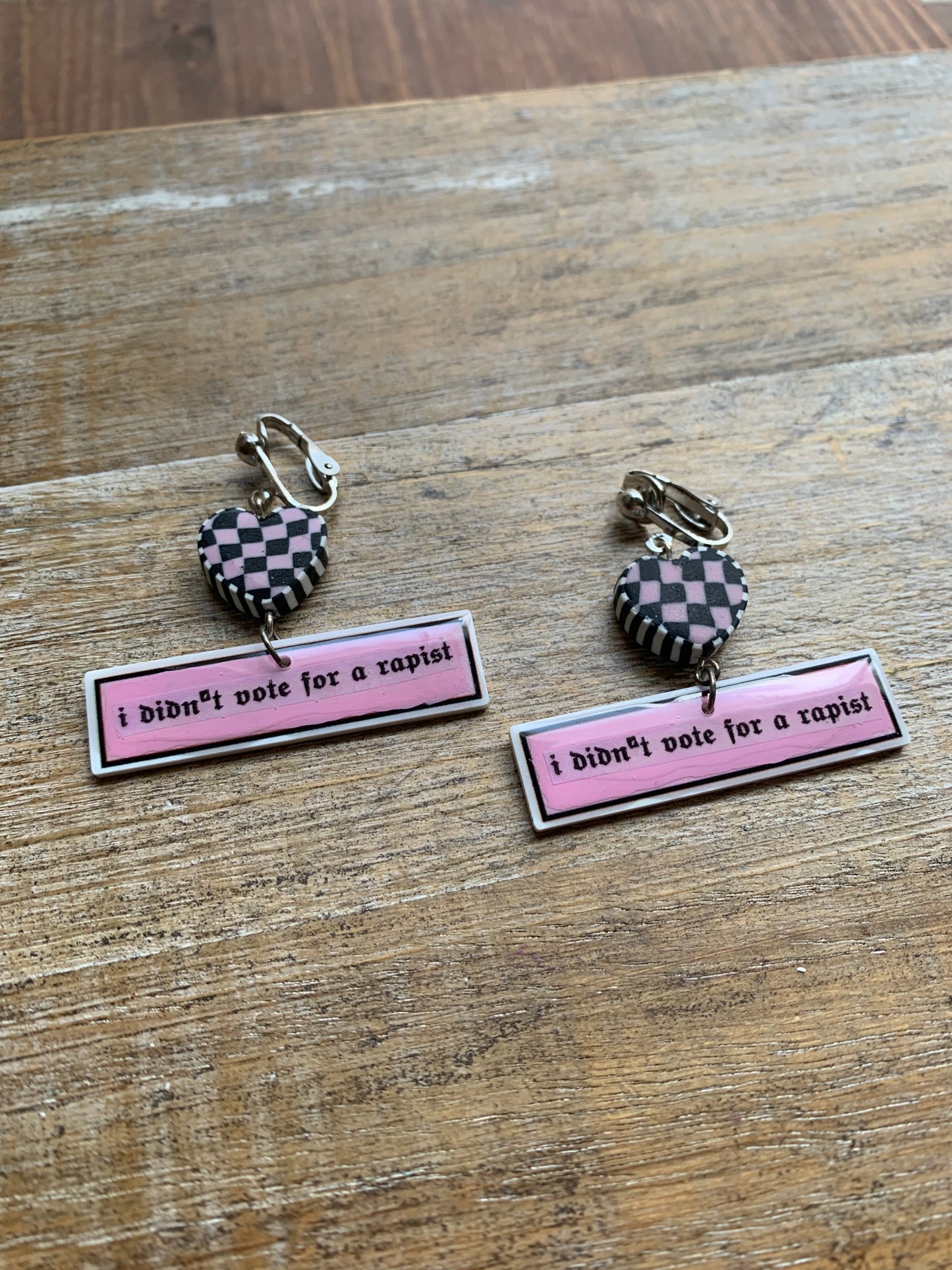I Didn’t Vote for a Rapist Retro Clip On Earrings Art Deco Pink Checkered Liberal Ear Hangers Anti Trump Democrat Tunnel Gauge Earrings