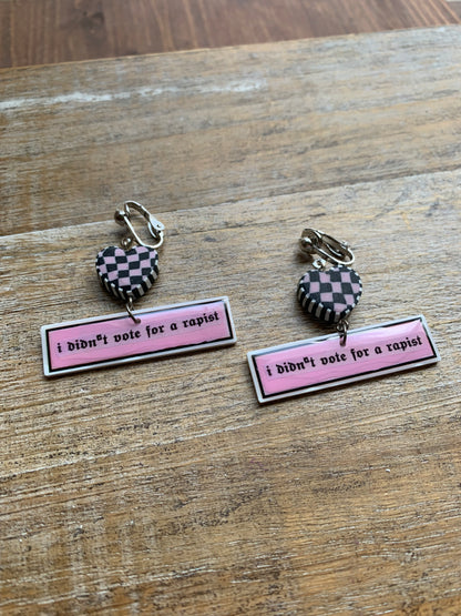 I Didn’t Vote for a Rapist Retro Clip On Earrings Art Deco Pink Checkered Liberal Ear Hangers Anti Trump Democrat Tunnel Gauge Earrings