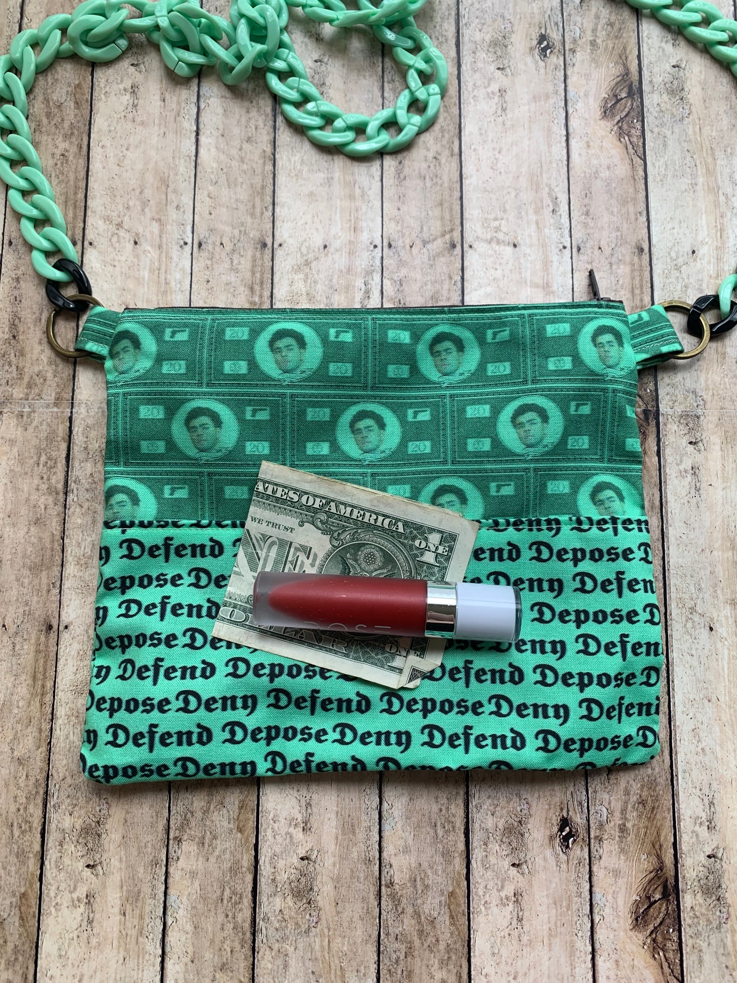 Deny Defend Depose Luigi Green Liberal Crossbody Purse Light Cotton Pouch Bag Universal Healthcare Democrat Money Mint Green Pastel Crossbody Bag