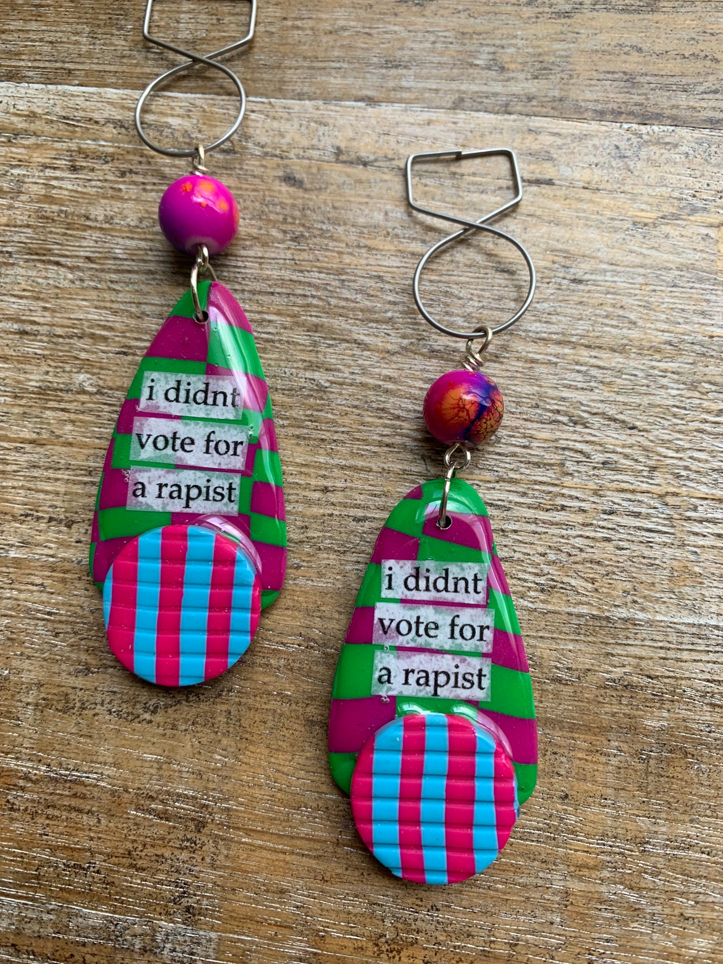 I Didn’t Vote for a Rapist Checkerboard Clay Tunnel Gauge Earrings Anti Trump Democrat Green Clip On Earrings Art Deco Checker Ear Hangers
