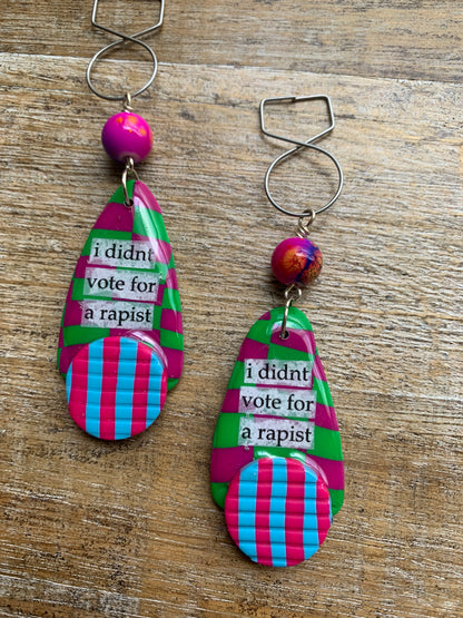 I Didn’t Vote for a Rapist Checkerboard Clay Tunnel Gauge Earrings Anti Trump Democrat Green Clip On Earrings Art Deco Checker Ear Hangers